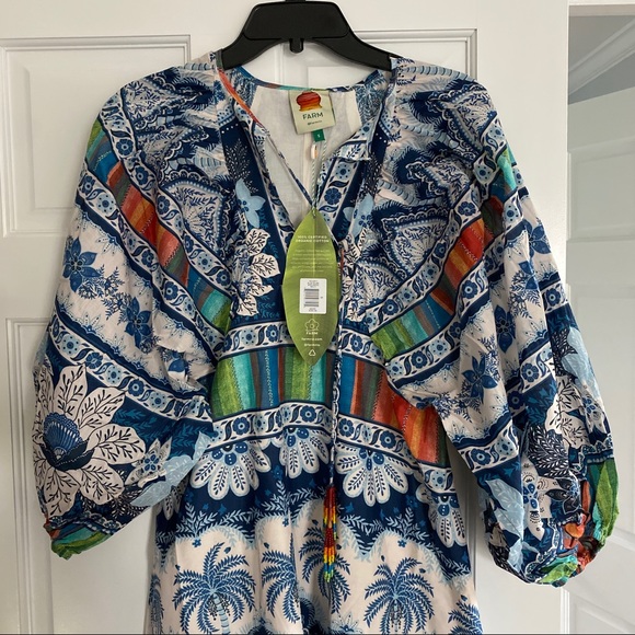 🥭FARM Rio Blue Palms midi Dress - Picture 4 of 10